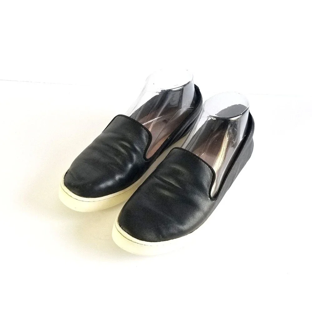 BIRDIES The Swift Black Leather Slip On Sneakers Sz 6.5 Flat White Soles - Picture 2 of 15
